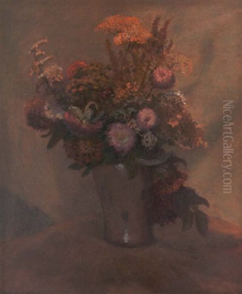 Herbststraus - Bunte Astern Und Wiesenblumen In Bunzlauer Topf Oil Painting by Otto Modersohn