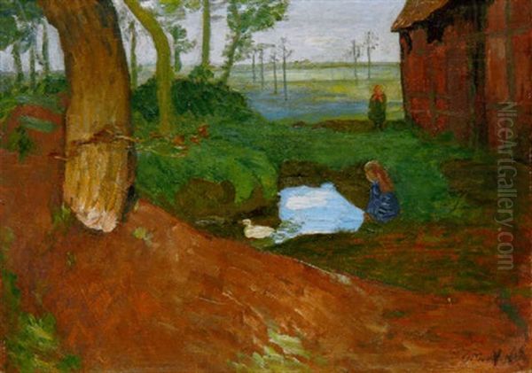 Spielende Kinder Am Ententeich Oil Painting by Otto Modersohn