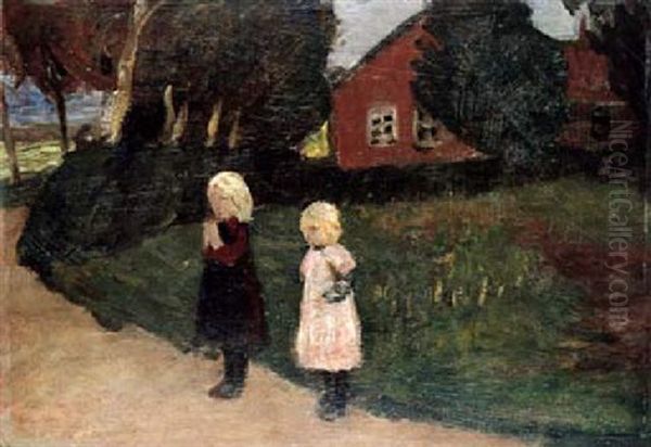 Zwei Madchen Am Weg Oil Painting by Otto Modersohn