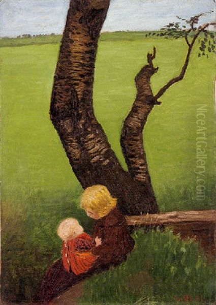 Madchen Mit Puppe Am Birkenstamm Sitzend Oil Painting by Otto Modersohn