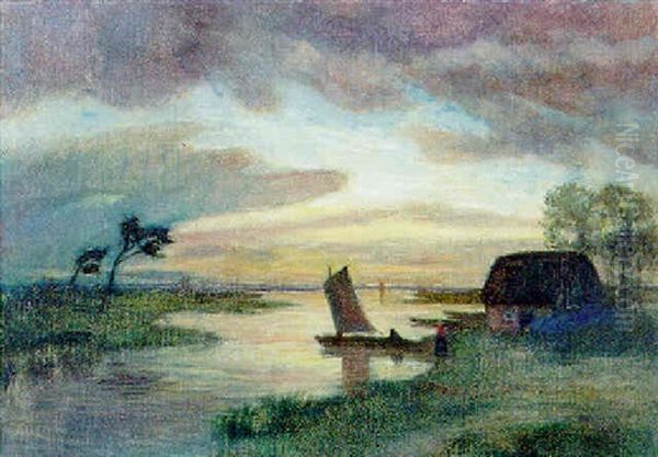 Moorlandschaft Mit Fischerkate Und Segelboot Im Abendlicht Oil Painting by Otto Modersohn