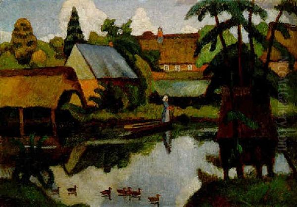 Fischerhude (dorfansicht Mit Teich) Oil Painting by Otto Modersohn