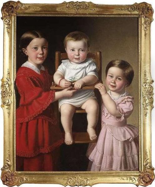 Triple Portrait Of The Siblings Josefa , Maria And Theresia Von Liechtenstein Oil Painting by Ludwig Beyfuss