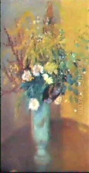 Herbstblumenstrauss In Turkisfarbener Vase Oil Painting by Otto Modersohn