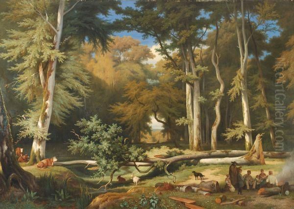 Woodmen Around A Fire In A Clearing Oil Painting by Pierre-Marie Beyle