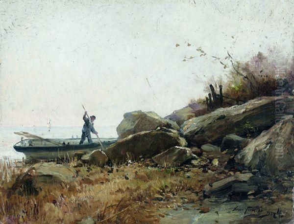 Homme A La Barque Dans La Baie De New-york Oil Painting by Pierre-Marie Beyle