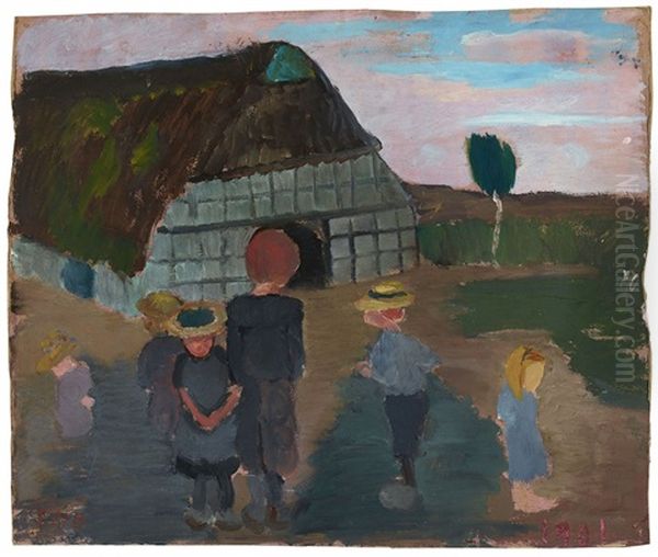 Kinder Vor Bauernhaus. Verso: Birkenstamme Und Haus Oil Painting by Paula Modersohn-Becker