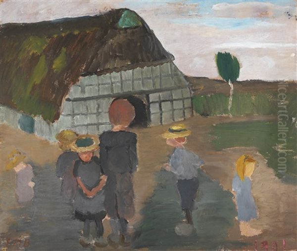 Kinder Vorm Bauernhaus Oil Painting by Paula Modersohn-Becker