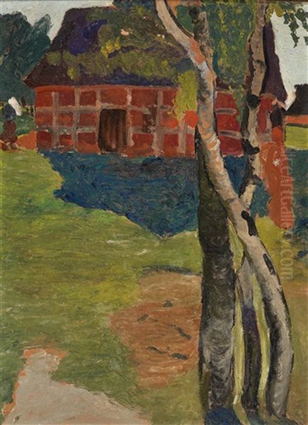 Birch Trunks Before A Barn Oil Painting by Paula Modersohn-Becker