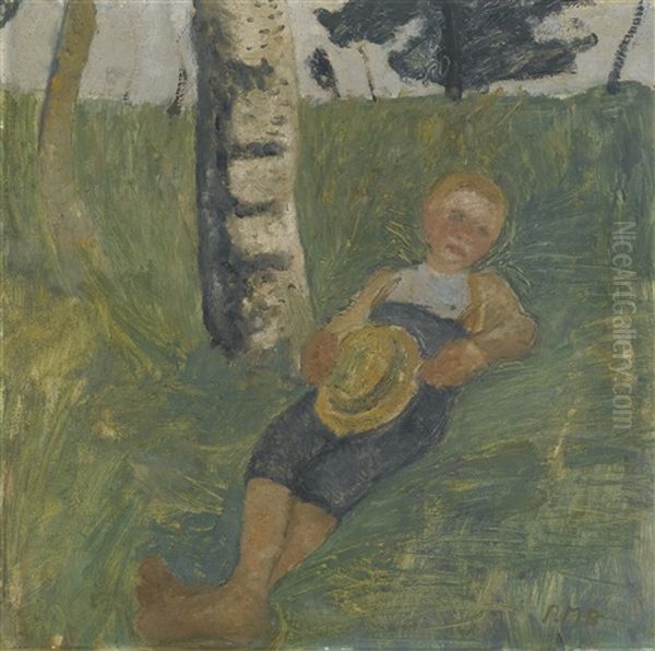 Junge Am Birkenstamm Im Gras Liegend (young Man Lying In Grass Next To A Birch Tree) Oil Painting by Paula Modersohn-Becker