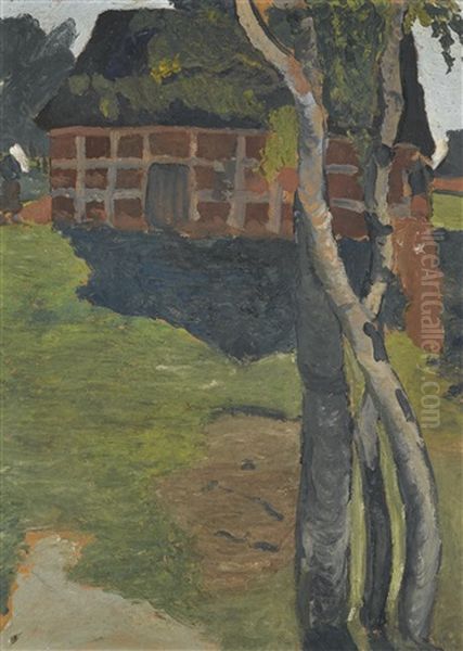 Birkenstamme Vor Scheune (birch Trees In Front Of A Barn) Oil Painting by Paula Modersohn-Becker