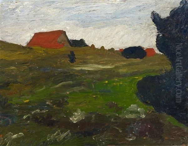 Landschaft Mit Busch Und Roten Hausern Oil Painting by Paula Modersohn-Becker