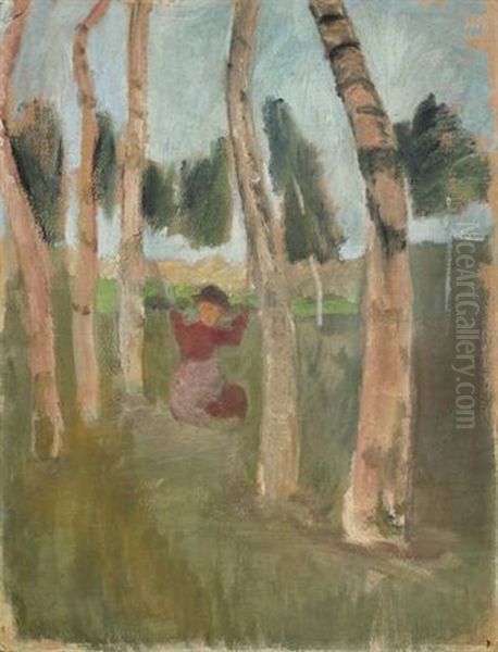 Birkenstamme Mit Schaukelndem Kind Oil Painting by Paula Modersohn-Becker