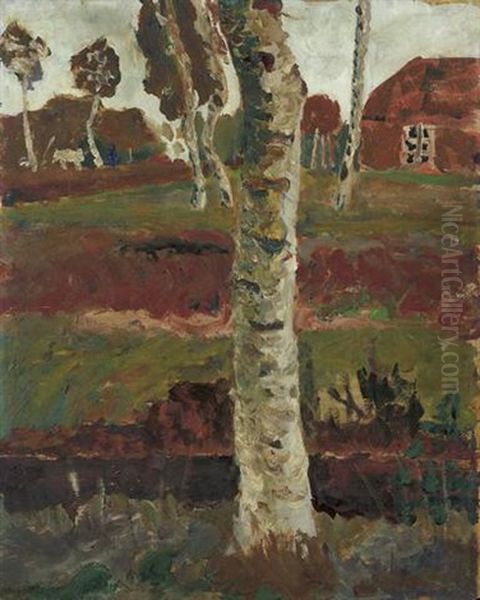 Birkenstamm Am Moorgraben Vor Landschaft Mit Haus Oil Painting by Paula Modersohn-Becker