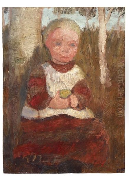 Sitzendes Kind An Einer Birke (kind Mit Frucht)  (+ Bauernmadchen Am Hang Vor Wolkigem Himmel, Verso) Oil Painting by Paula Modersohn-Becker