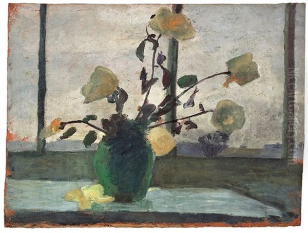 Weisse Rosen Vor Atelierfenster (+ Landschaft Mit Moorkuhle, Verso) Oil Painting by Paula Modersohn-Becker