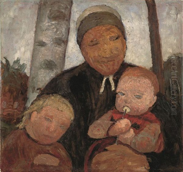 Bauerin Mit Kind Und Saugling Zwischen Birkenstammen Oil Painting by Paula Modersohn-Becker