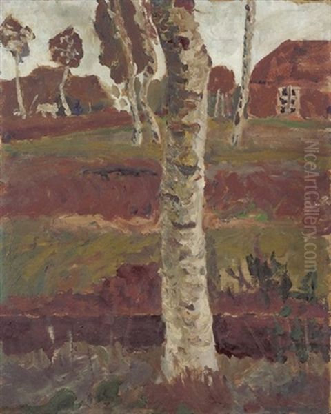 Birkenstamm Am Moorgraben Vor Landschaft Mit Haus Oil Painting by Paula Modersohn-Becker