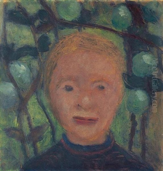 Madchenkopf Vor Grunem Blattwerk Oil Painting by Paula Modersohn-Becker