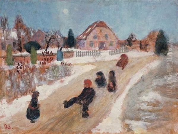 Winterlandschaft Mit Schlittenfahrenden Kindern Oil Painting by Paula Modersohn-Becker