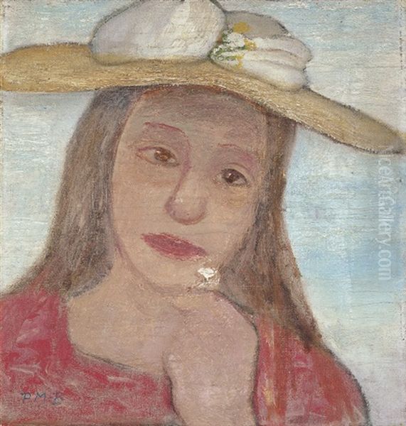 Kopf Eines Jungen Madchens Mit Strohhut Und Blume In Der Erhobenen Hand Oil Painting by Paula Modersohn-Becker