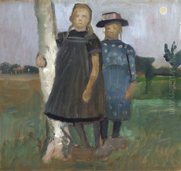 Zwei Madchen An Einem Birkenstamm Stehend Oil Painting by Paula Modersohn-Becker