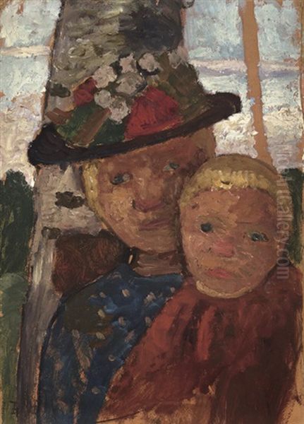 Brustbild Eines Madchens Mit Blumenhut Und Junge Oil Painting by Paula Modersohn-Becker