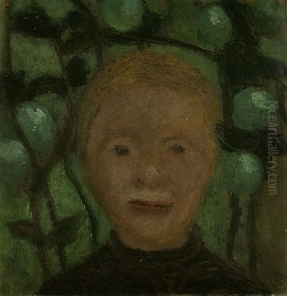 Madchenkopf Vor Grunem Blattwerk Oil Painting by Paula Modersohn-Becker