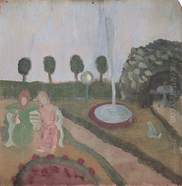 Zwei Frauen Im Garten Mit Springbrunnen Oil Painting by Paula Modersohn-Becker