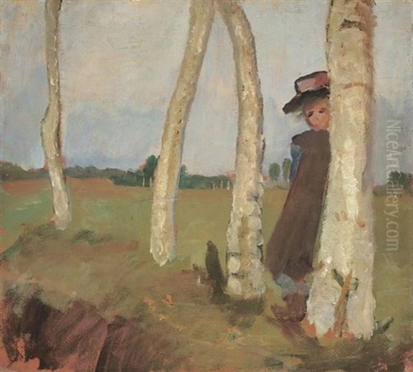 Madchen Mit Hut Zwischen Birkenstammen by Paula Modersohn-Becker