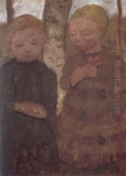 Zwei Madchen Vor Birkenstamm Oil Painting by Paula Modersohn-Becker