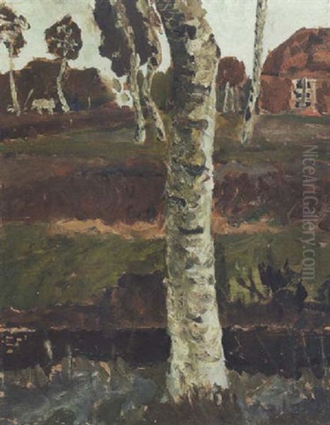 Birkenstamm Am Moorgraben Vor Landschaft Mit Haus Oil Painting by Paula Modersohn-Becker