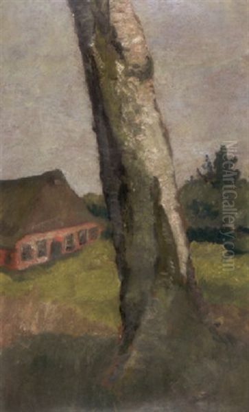 Birkenstamm, Im Hintergrund Ein Haus Oil Painting by Paula Modersohn-Becker