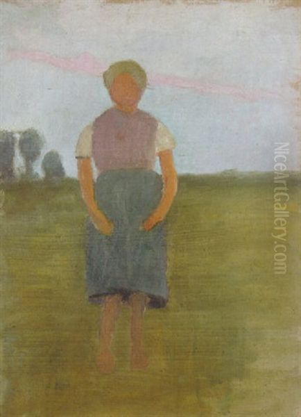 Stehendes Madchen In Blauem Rock In Landschaft Oil Painting by Paula Modersohn-Becker