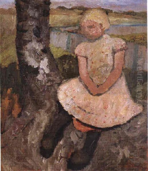 Sitzendes Bauernmadchen Neben Einem Birkenstamm Oil Painting by Paula Modersohn-Becker