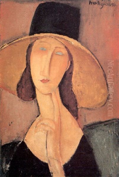 Jeanne Hebuterne Con Grande Cappello Oil Painting by Amedeo Modigliani