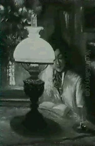 Woman Reading By Lamplight Oil Painting by Theodore P. Modra