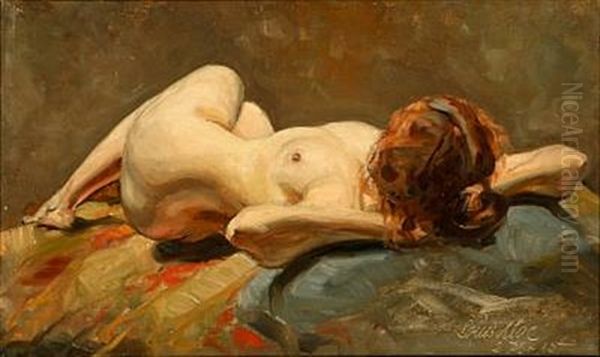 A Female Nude On A Bed Oil Painting by Louis Maria Niels Peder Halling Moe