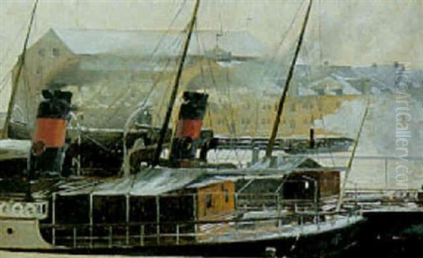 Fra Havnen I Christiania, (oslo) I Forgrunden Dfds Dampskib Oil Painting by Louis Maria Niels Peder Halling Moe