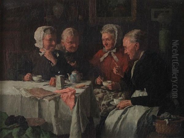 Four Women Taking Tea Oil Painting by Louis Charles Moeller