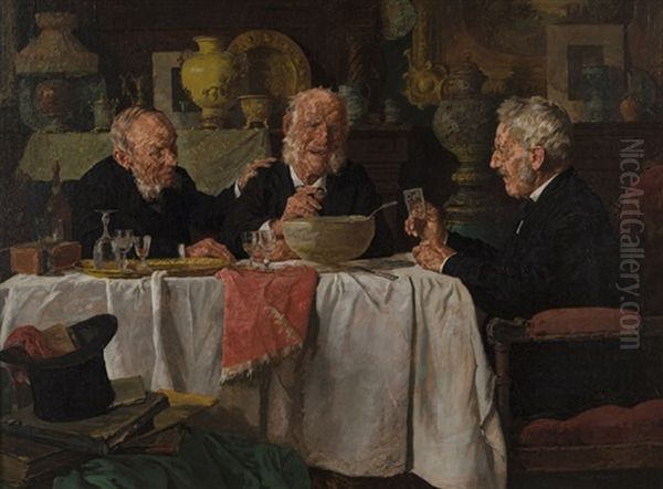 Three Men At A Dining Table Oil Painting by Louis Charles Moeller