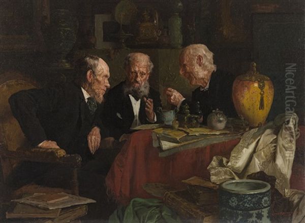 Three Men In An Interior Oil Painting by Louis Charles Moeller