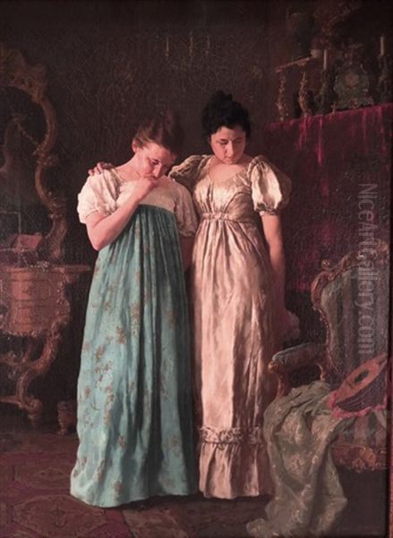 Two Women Contemplating A Lute Oil Painting by Louis Charles Moeller