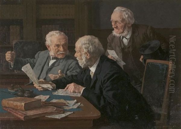 Three Men Having A Discussion Over Paperwork Oil Painting by Louis Charles Moeller