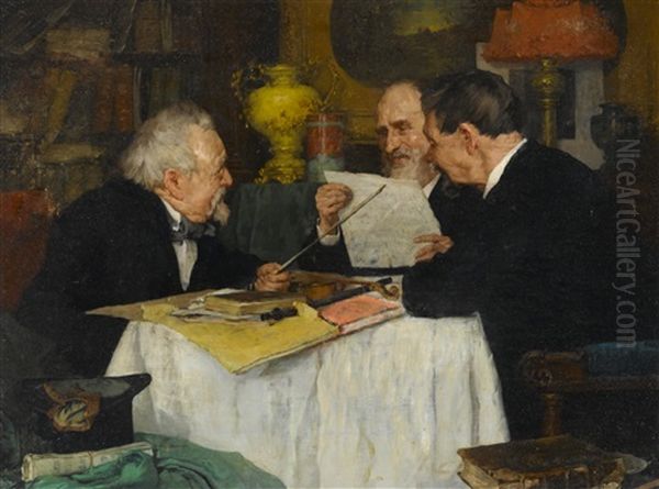 Gentlemen Discussing Music Oil Painting by Louis Charles Moeller