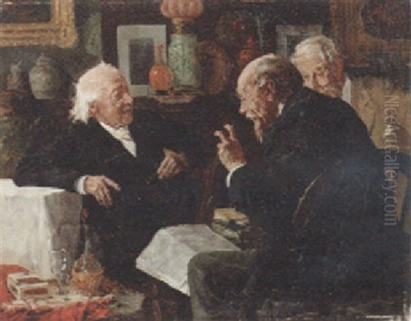 Three Men In Conversation Oil Painting by Louis Charles Moeller