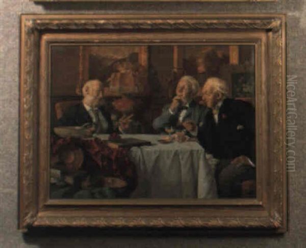 Three Gentlemen In Conversation Seated Around A Table Oil Painting by Louis Charles Moeller