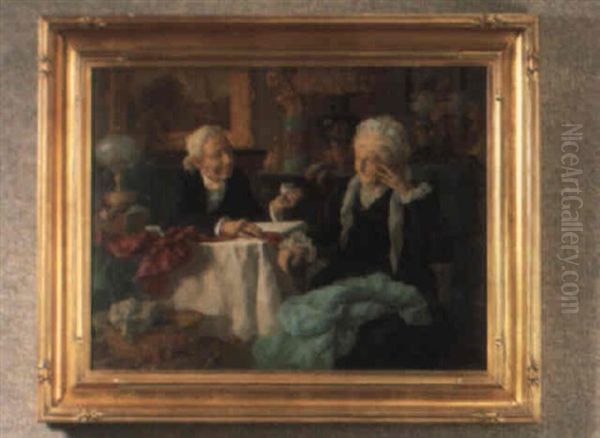 A Gentleman Offering An Infant's Bootie To A Lady Oil Painting by Louis Charles Moeller