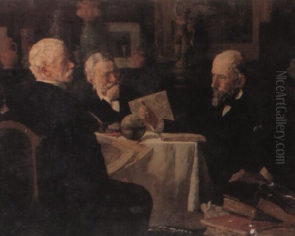 Three Geographers Studying Books And Maps In An Interior Oil Painting by Louis Charles Moeller