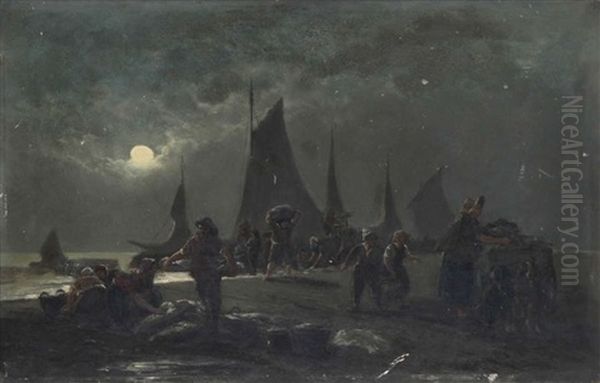 Le Retour Des Bateaux Pecheurs Le Soir Oil Painting by Edouard-Joris Moerenhout